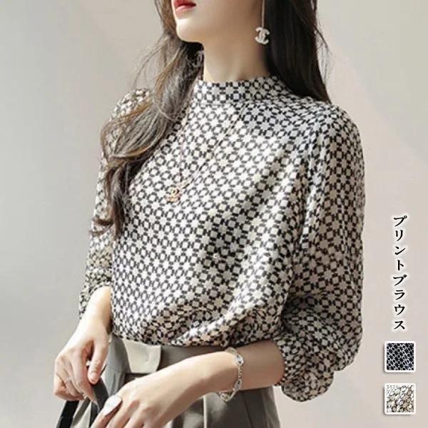 【キーワード】 プリント スタンドネック フェミニン 長袖 シフォン ブラウス 春 レディース